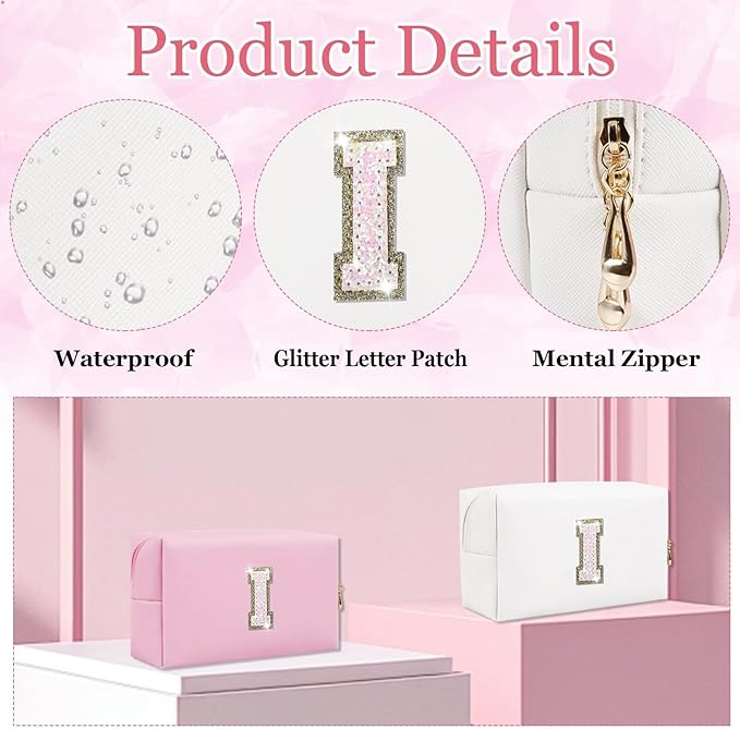 Small Personalized Glitter Initial Letter Makeup Bag, Cute PU Leather Chenille Letters Cosmetic Bag Travel Makeup Pouch, Preppy Travel Organizer Zipper Pouch for Women&Girls（White-I）