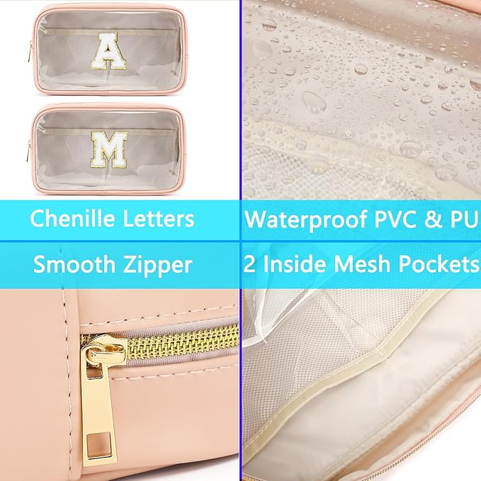 Clear Makeup Bag with 2 Customizable Chenille Letters - Waterproof PU Leather Cosmetic Case, Large Personalized Toiletry Pouch for Women & Teens, Ideal for Travel & Gift