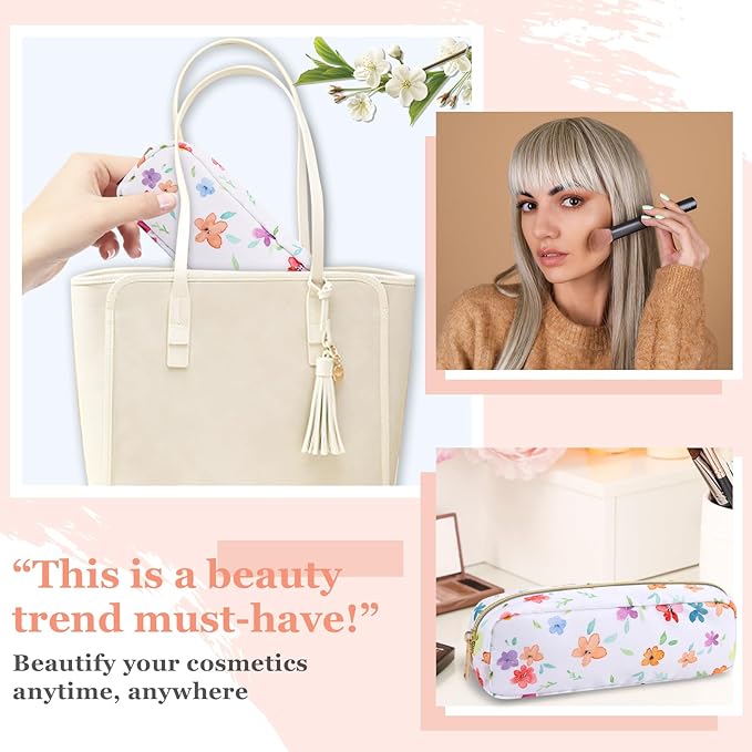 Nylon Small Floral Makeup Bag Slim Pouch, Preppy Cute Makeup Brush Case Bag Cosmetic Zipper Pouch for Purse, Waterproof Travel Toiletry Bag Coin Pouch Make Up Organizer for Women Girls(White-Flower)