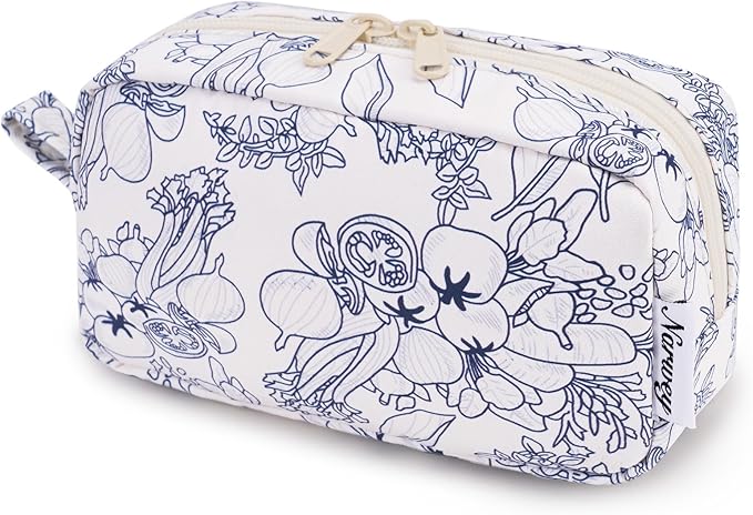 Narwey Small Makeup Bag for Purse Travel Makeup Pouch Mini Cosmetic Bag Zipper Pouch for Women (Little Navy Blue Flower, Small)