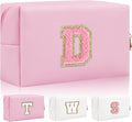 Personalized Initial Letter Patch Makeup Bag, Preppy Small Chenille Cosmetic Bag with Zipper, PU Leather Waterproof Travel Toiletry Bag Monogram Make Up Pouch for Women Girls
