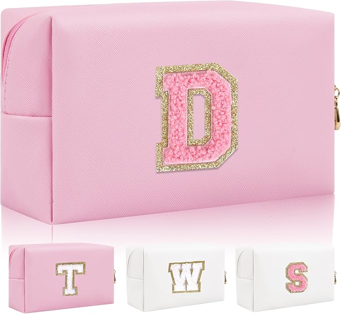 Personalized Initial Letter Patch Makeup Bag, Preppy Small Chenille Cosmetic Bag with Zipper, PU Leather Waterproof Travel Toiletry Bag Monogram Make Up Pouch for Women Girls