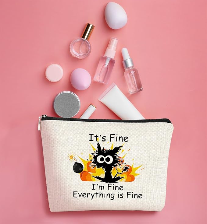 Funny Cat Makeup Bag,Its Fine Im Fine Everythings Fine,Black Cat Cosmetic Bag,Fire Keep Calm Cute Small Pouch,Birthday Gift,Coworker Gifts