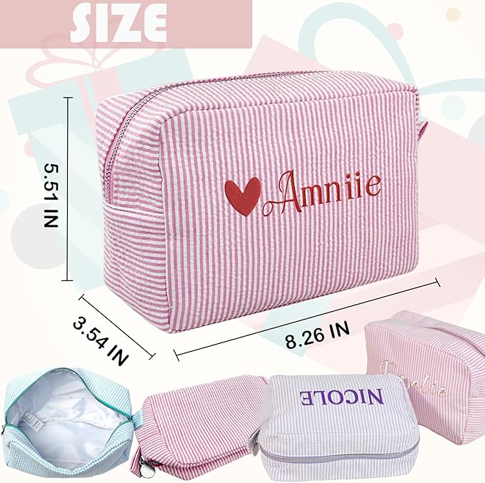 Custom Makeup Bag Personalized Cosmetic Bag Cute Seersucker Travel Toiletry Bag for Women Embroidered Bag Organizer for Bride Makeup Bag Gift Darkblue