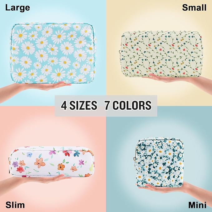 Nylon Mini Floral Makeup Bag for Purse, Small Cute Travel Makeup Bag Preppy Flower Cosmetic Zipper Pouch, Waterproof Coin Pouch Sanitary Napkin Storage Bag Make Up Organizer Set for Women(Blue-Daisy)