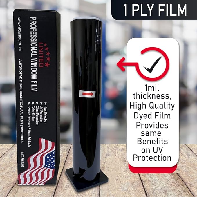 United Professional Window Tint 20% VLT 20"In x 100'Ft 1Ply Dyed Upgraded Film - Privacy Window Tint for Cars, Home, Blocks UV/IR Rays, Reduce Heat & Glare - Adhesive Window Film Standard Black Color