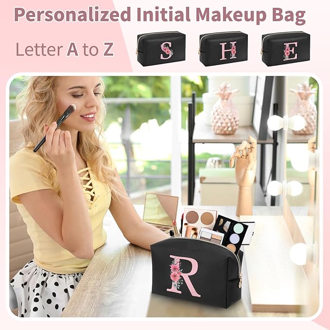 Personalized Initial Makeup Bag, Birthday Gifts for Women and Girls, Small Makeup Pouch Travel Toiletry Bag, Make Up Organizer Bag Gift Trendy Stuff for Friend Mom Teacher, Black