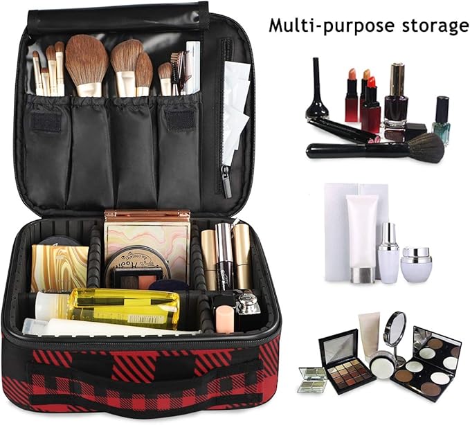 ALAZA Travel Makeup Case, Black and Red Lumberjack Plaid Cosmetic toiletry Travel bag for Women Girls