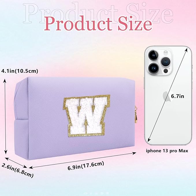 Small Personalized Letter Makeup Bag, Cute PU Leather Chenille Letters Cosmetic Bag Travel Makeup Pouch, Preppy Travel Organizer Zipper Pouch for Women&Girls（Purple-W）