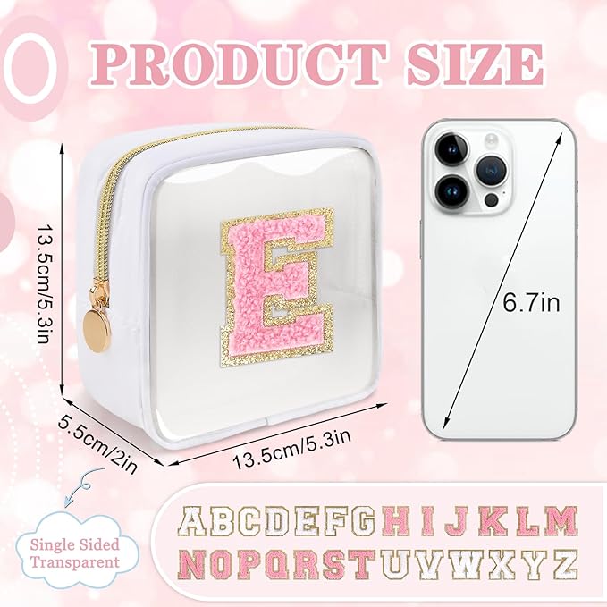 Mini Clear Personalized Initial Makeup Bag,Nylon Preppy A-Z Chenille Letter Patch Zipper Cosmetic Bag, Small Cute Beach Pouch Travel Purse Sanitary Napkin Storage Bag for Women Girls(White-Pink E)