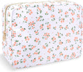 Nylon Large Floral Makeup Organizer Bag, Preppy Big Cute Flower Cosmetic Zipper Pouch Multi-compartment with Dividers, Waterproof Toiletry Makeup Brushes Bag Travel Essentials for Women(White-Floral)