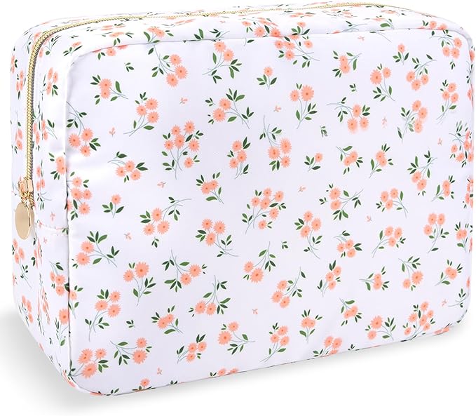 Nylon Large Floral Makeup Organizer Bag, Preppy Big Cute Flower Cosmetic Zipper Pouch Multi-compartment with Dividers, Waterproof Toiletry Makeup Brushes Bag Travel Essentials for Women(White-Floral)