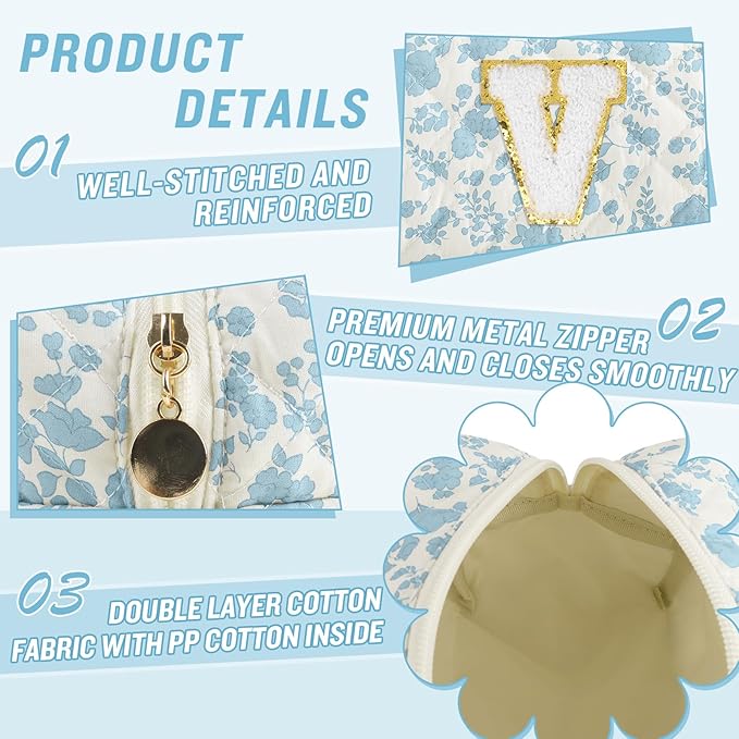 Personalized Quilted Cosmetic Bag, Puffy Monogrammed Christmas Birthday Gifts for Women & Girls, Cute initial Floral Makeup Bag Puffer Coquette Bag, Aesthetic Travel Toiletry Zipper Pouch(Blue,V)