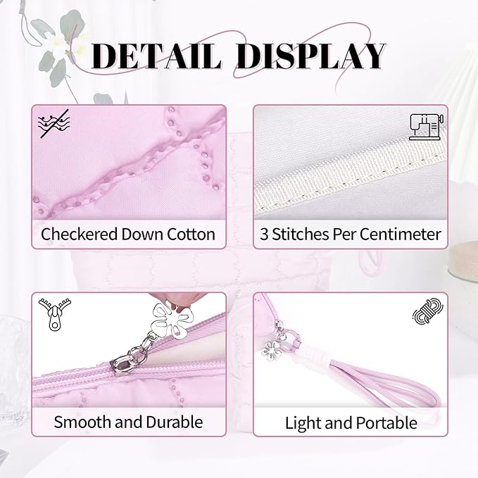 Richeart Makeup Bag Travel Toiletry Bag - Checkered Down Cotton Makeup Pouch for Women with Cosmetic and Pencil, Aesthetic Pink Design, 2 Pieces