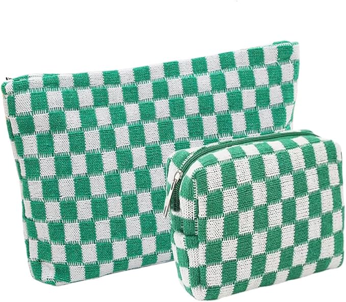 2 Pieces Makeup Bag Set, Small Checkered Cosmetic Bag Travel Toiletry Organizer Mini Green Cosmetic Pouch Case Makeup Brushes Quilted Aesthetic Accessories Storage Bag for Women (Large+Mini Green)