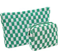 2 Pieces Makeup Bag Set, Small Checkered Cosmetic Bag Travel Toiletry Organizer Mini Green Cosmetic Pouch Case Makeup Brushes Quilted Aesthetic Accessories Storage Bag for Women (Large+Mini Green)