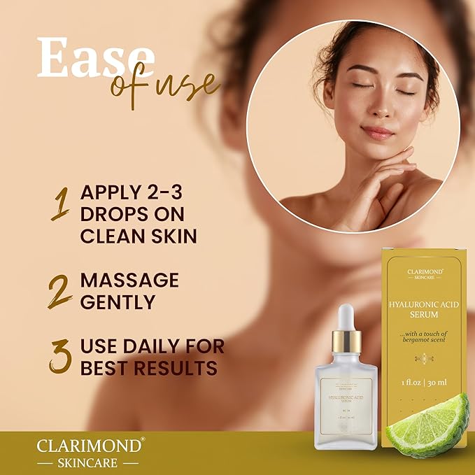 CLARIMOND Hyaluronic Acid Serum for Face – 2% Concentration with Niacinamide, Centella Asiatica, Aloe Vera, Chamomile & Bergamot, Deep Hydration - Skin Repair – Calming Effect