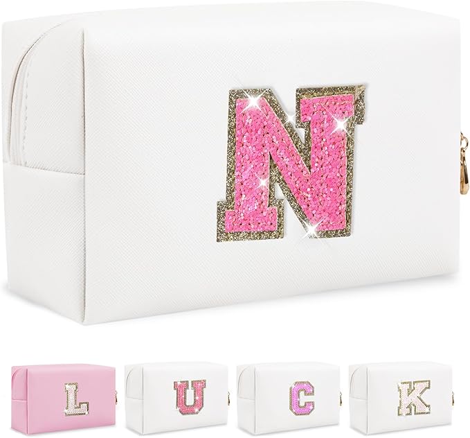 Personalized Initial Letter Makeup Bag, Small Glitter Letter Patch Cosmetic Pouch Zipper, Preppy Makeup Organizer PU Waterproof Travel Toiletry Bag, Monogrammed Birthday Gift for Women Girls