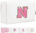 Personalized Initial Letter Makeup Bag, Small Glitter Letter Patch Cosmetic Pouch Zipper, Preppy Makeup Organizer PU Waterproof Travel Toiletry Bag, Monogrammed Birthday Gift for Women Girls
