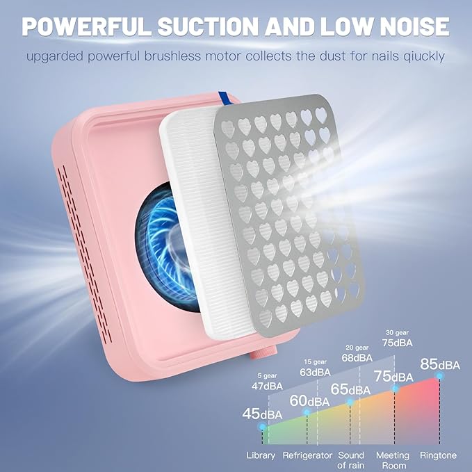 Rechargeable Cordless Nail Dust Collector: Powerful Quiet Nail Fan Vacuum Dust Collector with 2 Filters 1 Brush, Nail Vent Dust Extractor Cleaner for Acrylic Gel Nail Polishing Nail Tech Use, Pink