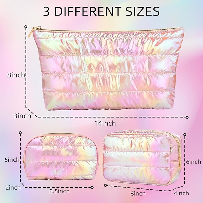 Hiroyuki Iridescent Quilted Makeup Bag, 3pcs Cute Makeup Bag Set, Large Capacity Cosmetic Organizer Travel Toiletry Pouch (plain, pink)