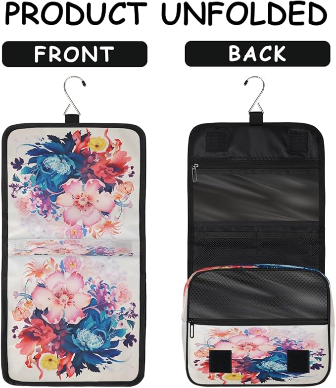 Travel Toiletry Bag for Women & Men Colorful Art Flowers Hanging Cosmetic Organizer Portable Waterproof Makeup Case Make Up Bag with Compartments Travel Essentials for Bathroom Shower
