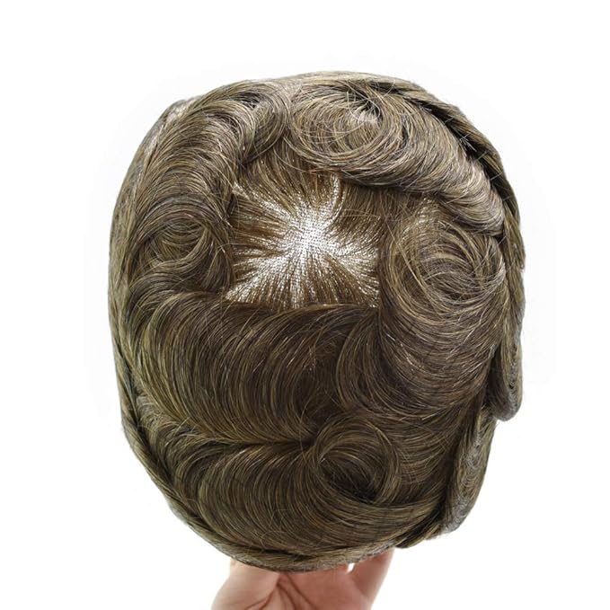 FACE MIRACLE Toupee for Men French Lace Hairpiece Human Hair Replacement System Skin PU Mens Toupee Hair Wigs for Man V-Looped Front Hair Prosthesis 8"X10" 6# LIGHT BROWN