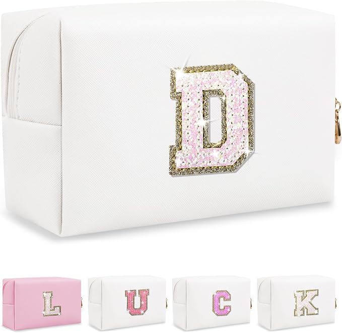Personalized Initial Letter Makeup Bag, Preppy Glitter Letter Patch Cosmetic Pouch Zipper,PU Waterproof Travel Toiletry Bag Cute Makeup Organizer Monogrammed Make Up Bag,Gift for Women Girls