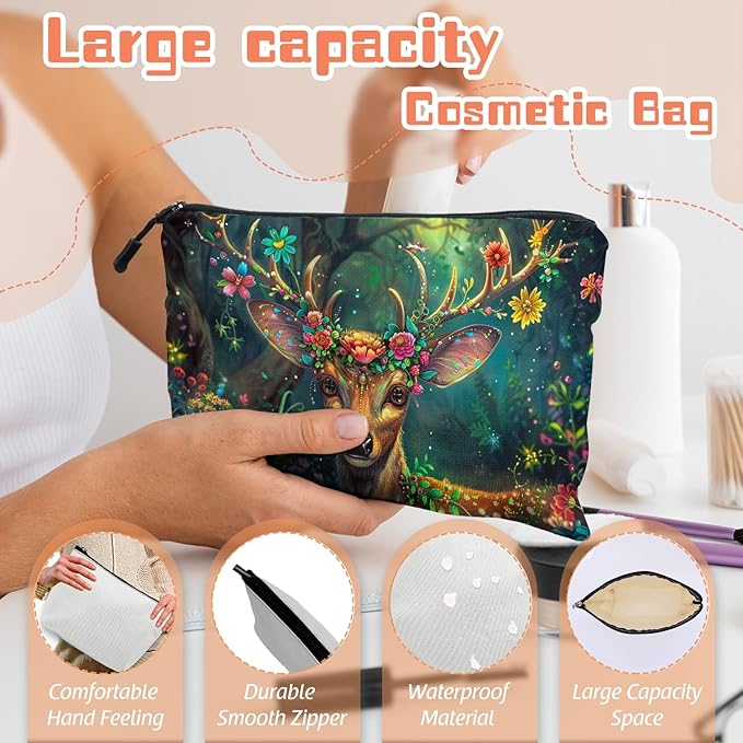 Cosmetic Bags Travel Makeup Toilet Case Waterproof Pouch for Women Girls 6.7X9.45inches - Deer'S Graceful Look With Blooming Antlers