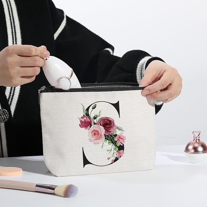 Initial Makeup Bag, Personalized Gifts for Women, Bridesmaid Gifts, Birthday Gifts for Women Mom, Gifts for Best Friend, Bride Bridesmaid Cosmetic bag (Letter S)