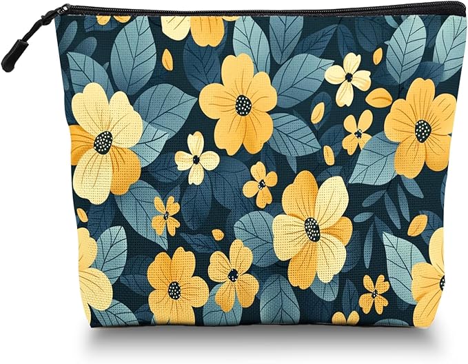Cosmetic Bags Travel Makeup Toilet Case Waterproof Pouch for Women Girls 6.7X9.45inches - Pattern of Yellow Flowers on A Dark - Teal Background