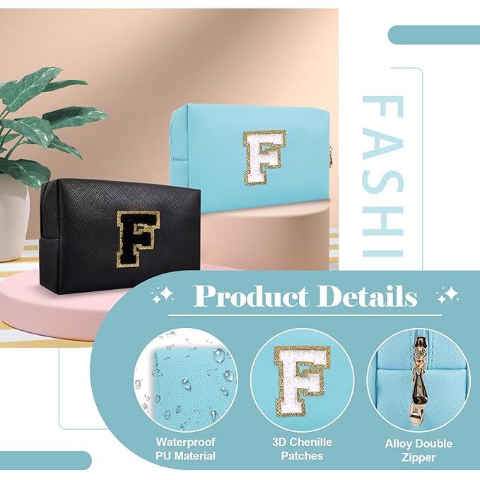 Small Personalized Initial A-Z Preppy Patch Makeup Bag,PU Chenille Letter Travel Cosmetic Pouch with Zipper,Blue Cute Toiletry Bag,Gift Ideal for Teen Girls Women Teacher Bridesmaid,Letter F