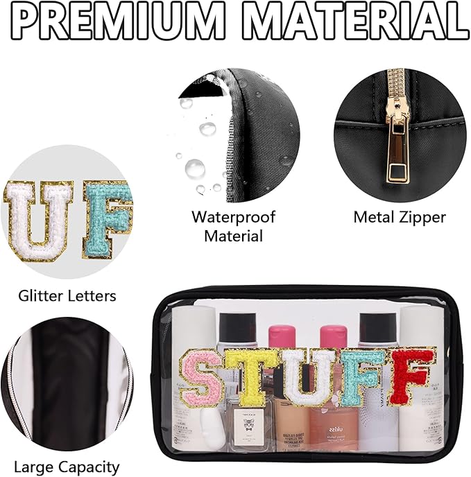 Iqimott Clear Patch Makeup Bag Stuff Pouch, Preppy Personalized Chenille Letter Cosmetic Pouch for Travel, Nylon Waterproof Organizer Travel Essentials Zipper Toiletry Bags for Women Girls(Black)