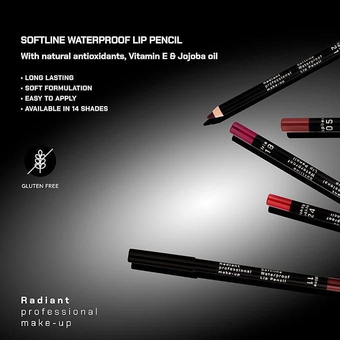 Radiant Professional Waterproof Lip Liner Pencil - Long Lasting Lip Liner for Defined Lips - Soft & Creamy Lipliner with Vitamin E - 1.20 gr, (16 PLUM)