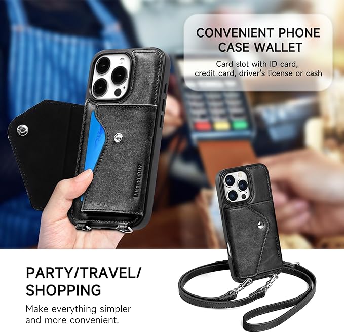 LUCKYCOIN Crossbody Wallet Phone Case for iPhone 16 Pro,100% Genuine Leather Wallet Phone Case with Expandable Flip Card Holder,Phone Purse for Women with Adjustable Removable Strap - Black