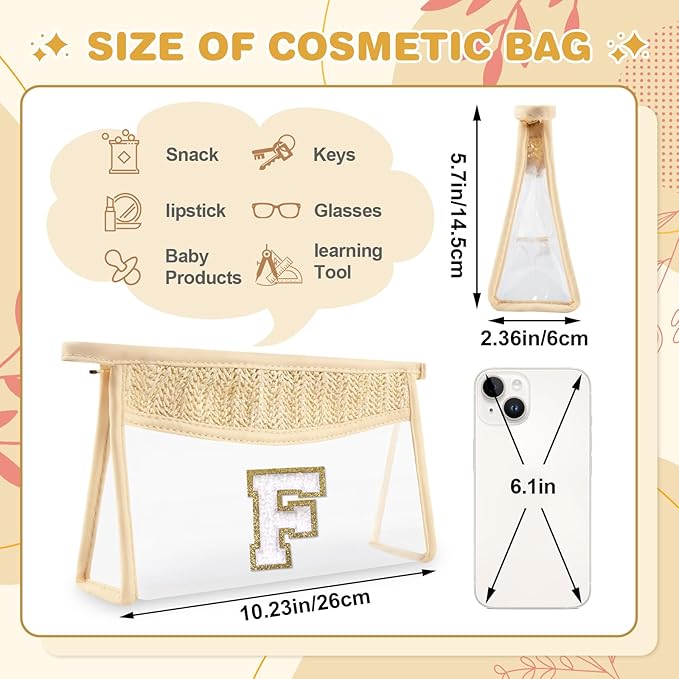 Personalized Initial Letter Bag Boho Straw Clear Makeup Bag,Small Cute Chenille Varsity Letter Bag With Zipper,Beach Travel Toiletry Bag,Portable Monogrammed Cosmetic Bag for Women Girls,F