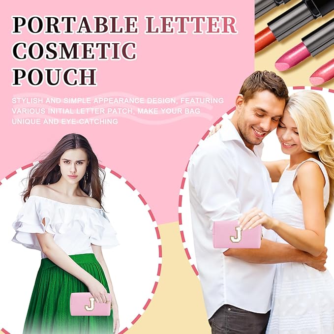Iqimott Personalized Initial Letter Patch Makeup Bag, Preppy Portable Chenille Letter Cosmetic Bag with Zipper, PU Leather Waterproof Travel Toiletry Bag Monogram Make Up Pouch Girls(Letter J)