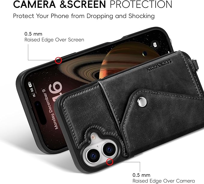 LUCKYCOIN Crossbody Wallet Phone Case for iPhone 17,100% Genuine Leather Wallet Phone Case with Expandable Flip Card Holder,Phone Purse for Women with Adjustable Removable Strap - Black