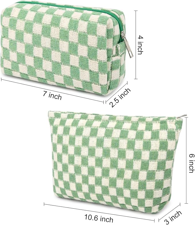 SOIDRAM 2 Pcs Checkered Makeup Bag Large Cosmetic Bag Toiletry Bag Makeup Pouch Travel Bag Organizer Cute Makeup Brushes Aesthetic Accessories Storage Bag for Women Green