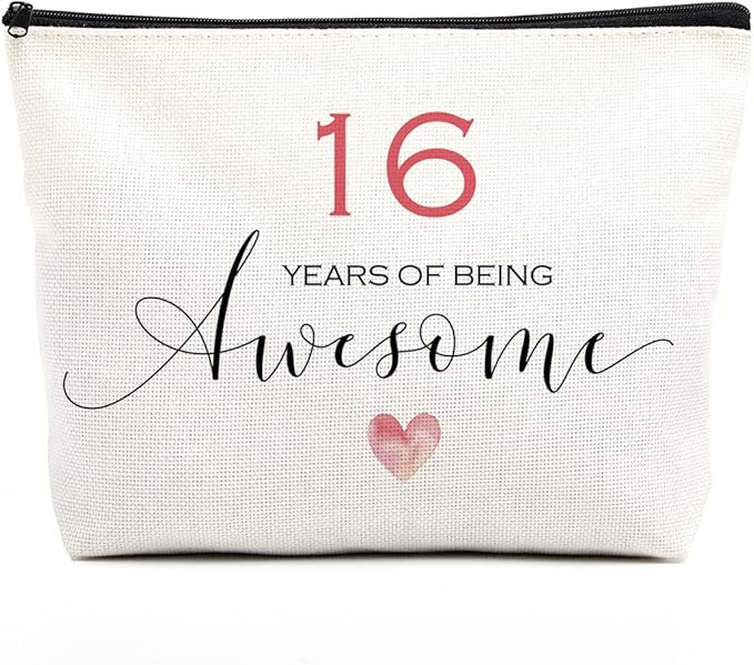 Fkovcdy 16th Birthday Makeup Bag for Girls - Inspirational Sweet 16 Gift for Daughter, Niece - Happy Birthday Decorations - 16 Years of Being Awesome