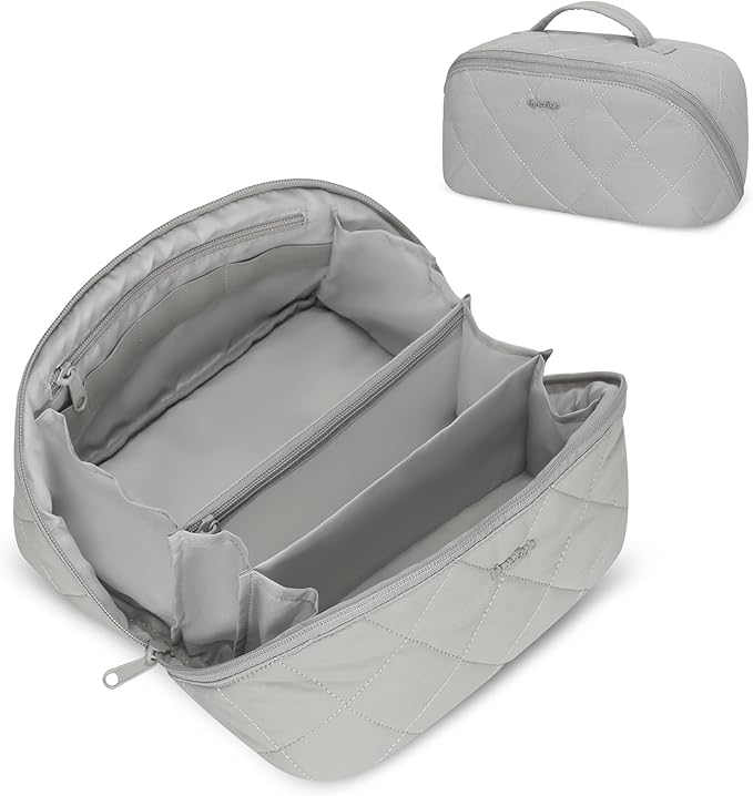 Hynes Eagle Travel Makeup Bag for Women Puffy Cosmetic Organizer Pouch Open Flat Toiletry Bag for Toiletries, Brushes Grey