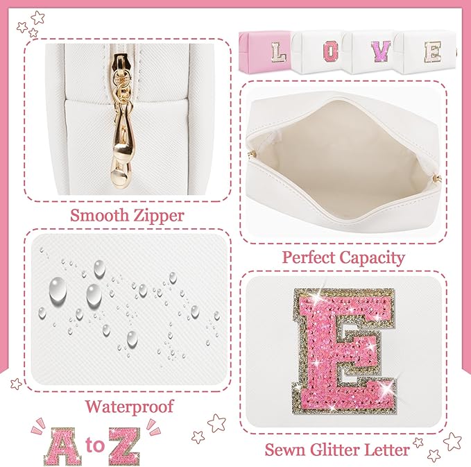 Personalized Initial Letter Makeup Bag, Preppy Glitter Letter Patch Cosmetic Pouch Zipper,PU Waterproof Travel Toiletry Bag Cute Makeup Organizer Monogrammed Make Up Bag,Gift for Women Girls