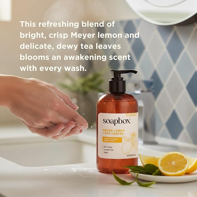 Soapbox Liquid Hand Soap, Meyer Lemon & Tea Leaves - Gentle, Moisturizing Hand Cleanser, Vegan, Cruelty Free Hand Soap for Bathroom and Kitchen, 12oz Pump Bottles (Pack of 3)