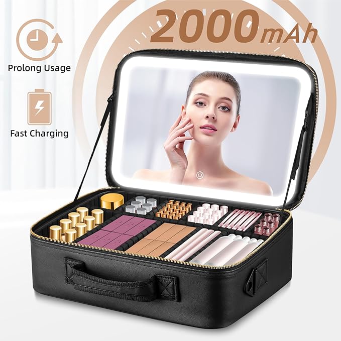 15''X11'' Large Capacity Makeup Bag with LED Mirror, Professional Makeup Case Organizer with 3 Color Light Adjustable Brightness, Travel Make up Cosmetic Case with Detachable Dividers & Shoulder Strap