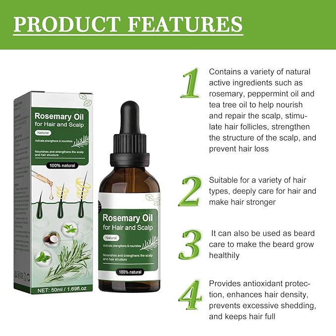 Rosemary & Mint Hair Oil, Split Ends & Dry Scalp Treatment - Made with Biotin & Essential Oils for Strengthening, Soothing, Moisturizing & Encouraging Longer, Healthier Hair (1.69 Fl Oz)