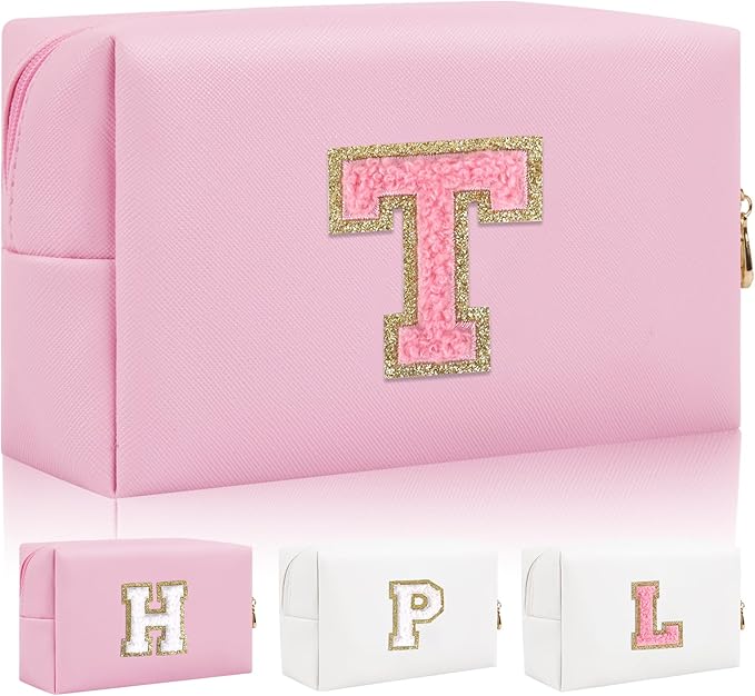 Personalized Initial Letter Patch Makeup Bag, Preppy Small Chenille Cosmetic Bag with Zipper, PU Leather Waterproof Travel Toiletry Bag Monogram Make Up Pouch for Women Girls