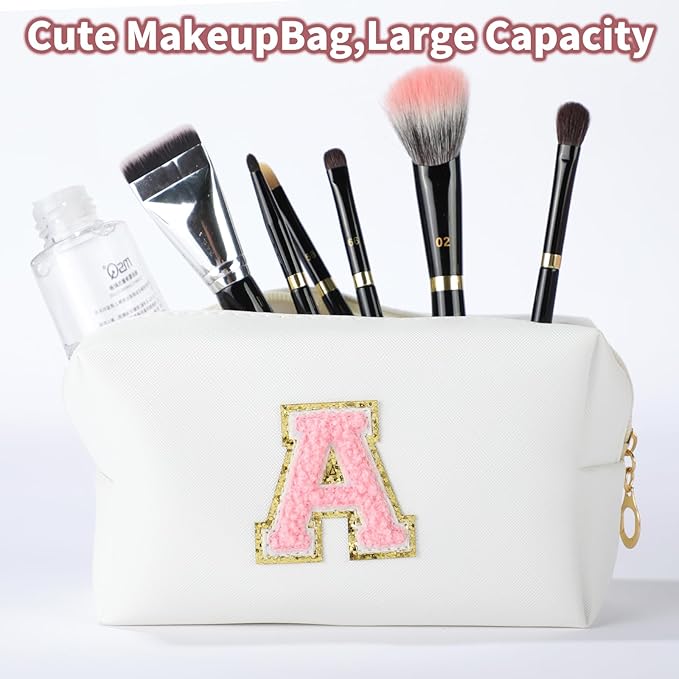 MSQ Personalized Makeup Bag Initial A-Z Patch Bag, PU Leather Cosmetic Bag Pouch Travel Toiletry Bag with Zipper, Gift Ideal for Teen Girls Friend Mom Women Birthday(White A)