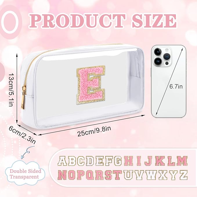 Small Clear Personalized Initial Makeup Bag,Nylon Preppy A-Z Chenille Letter Patch Cosmetic Pouch Beach Toiletry Bag,Waterproof Zipper Travel Purse Storage Bag Organizer for Women Girls(White-Pink E)