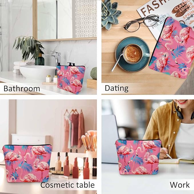 Flamingo Makeup Bag For Women, Adorable Cosmetic Pouch With Tropical Leaves Palms Pattern, Pink Zipper Travel Toiletry Organizer For Gym and Bathroom