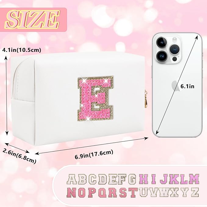 Personalized Initial Letter Makeup Bag, Preppy Glitter Letter Patch Cosmetic Pouch Zipper,PU Waterproof Travel Toiletry Bag Cute Makeup Organizer Monogrammed Make Up Bag,Gift for Women Girls(Letter E)